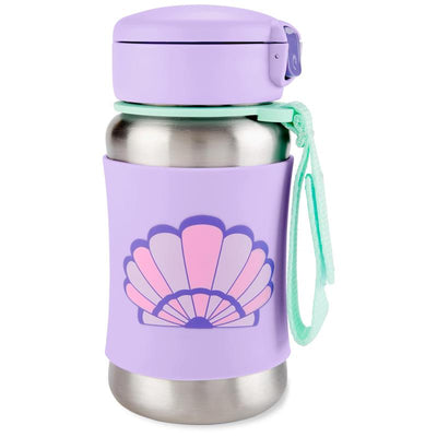 Stainless steel straw bottle in pastel purple with seashell design and mint green accents.