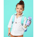 Girl with curly hair wearing a white shirt and mint backpack, holding a Skip Hop Spark Style stainless steel straw bottle featuring a seashell design.