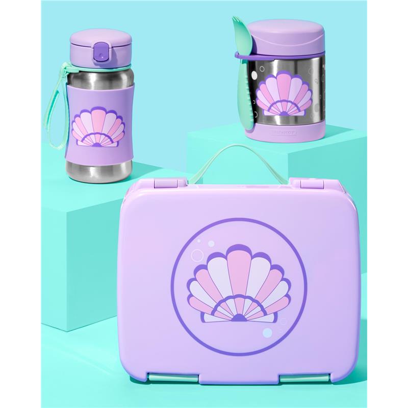 Stainless steel straw bottle, lunch box, and food container with seashell designs in a playful pastel color scheme.