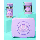 Stainless steel straw bottle, lunch box, and food container with seashell designs in a playful pastel color scheme.