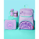 Purple backpack with seashell design, two stainless steel straw bottles, and a lunchbox, all featuring a seashell motif.