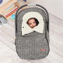 Car seat cover in grey feather pattern with a cozy white hood, featuring a smiling baby inside.