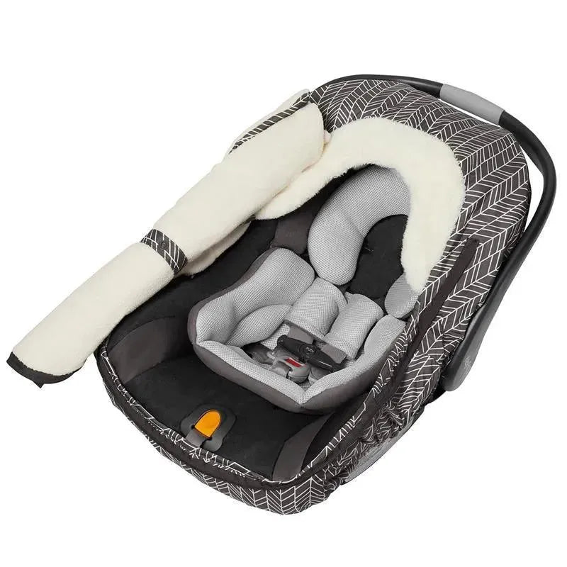 Grey feather-patterned car seat cover features a soft, cream-colored fleece lining and adjustable straps for infant seating.