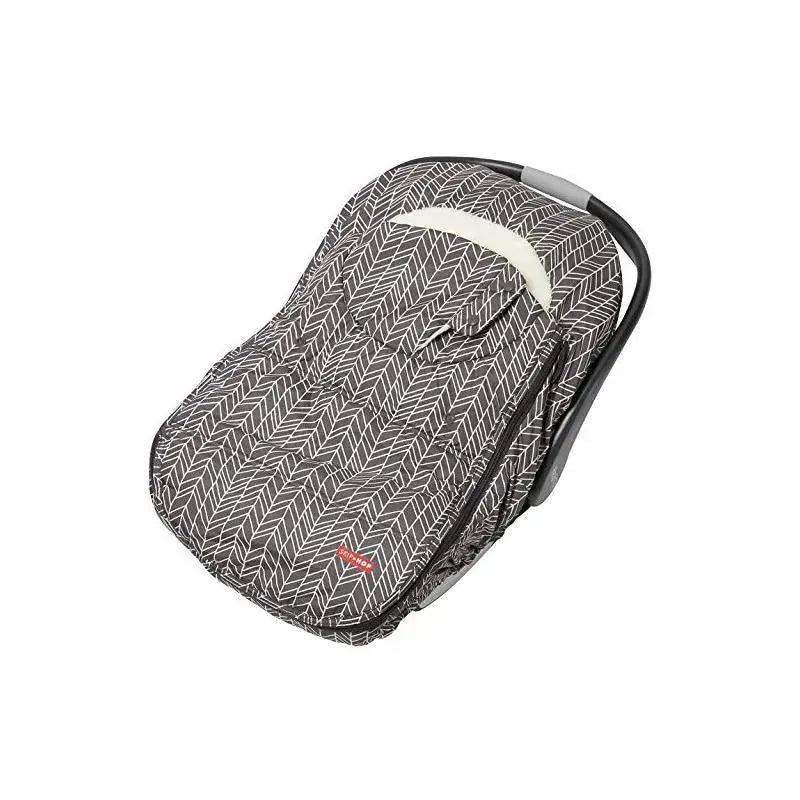 Car seat cover by Skip Hop in grey with white feather pattern, designed for stroller or car seat use.