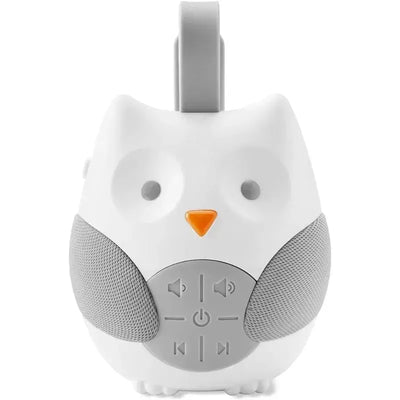 Portable baby sound machine shaped like an owl, featuring gray accents and a control panel at the front.