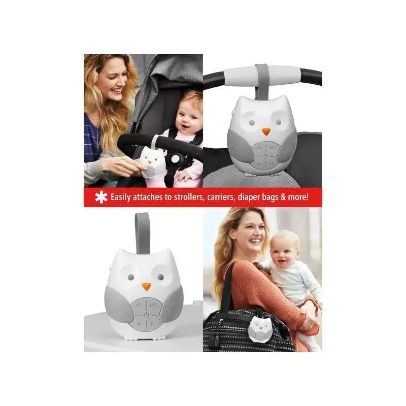 Portable baby sound machine shaped like an owl, easily attaches to strollers and bags; features buttons for control.