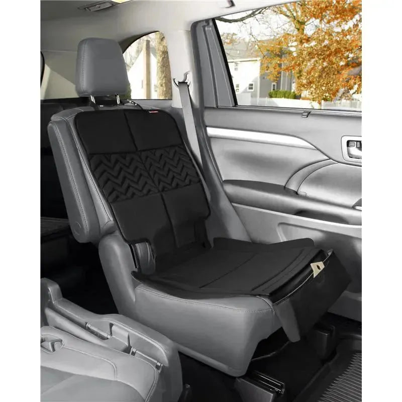 Skip Hop Clean Child Car Seat Protector in a vehicle, featuring a black padded cover designed to protect the car seat from spills and stains.