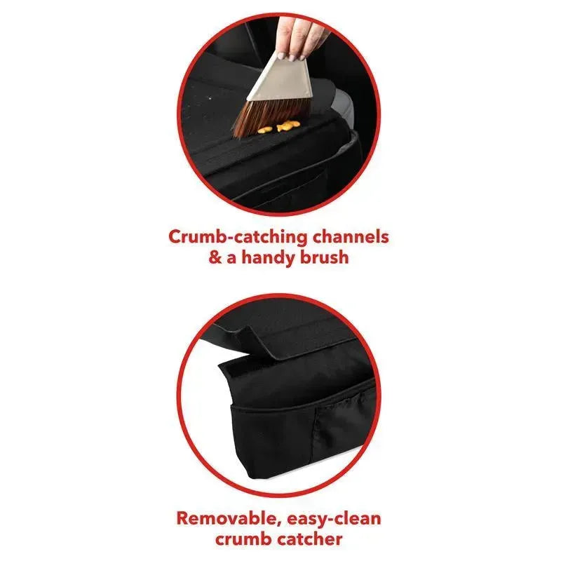 Car seat protector with crumb-catching channels and a brush. Removable, easy-clean crumb catcher featured below.