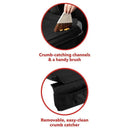 Car seat protector with crumb-catching channels and a brush. Removable, easy-clean crumb catcher featured below.