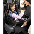 Child in a car seat smiles at a woman, showcasing the Skip Hop Clean Child Car Seat Protector with storage pocket.
