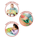 Farmstand shopping cart cover featuring engaging activities for infants, including loops for toy attachment and a high chair option.