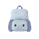 Toddler backpack featuring a light blue elephant design, adjustable padded straps, and a front zip pocket.