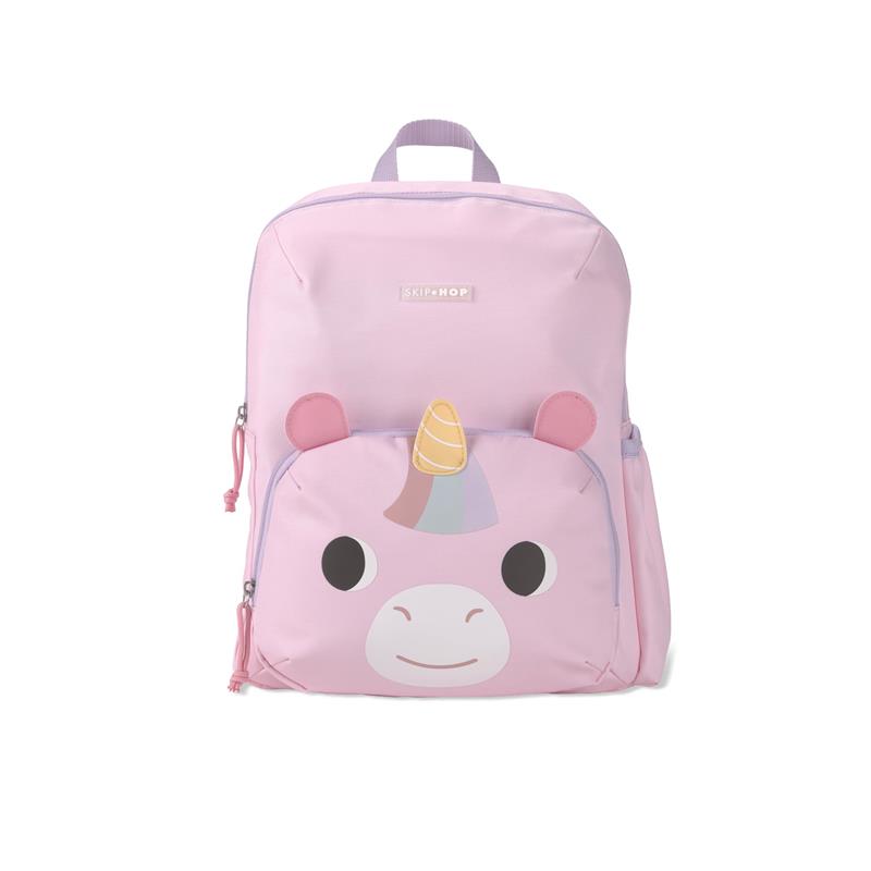 Pink Skip Hop toddler backpack featuring a unicorn design, adjustable padded straps, and a front pocket with a smiling unicorn face.