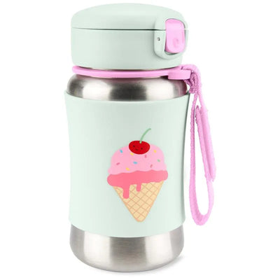 Sparks stainless steel water bottle with a mint green exterior and ice cream cone design, featuring a pink straw and handle.