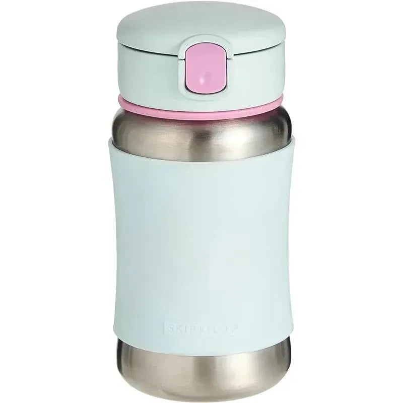Sleek stainless steel insulated bottle with light blue silicone sleeve and pink lid, designed for kids.