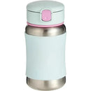 Sleek stainless steel insulated bottle with light blue silicone sleeve and pink lid, designed for kids.
