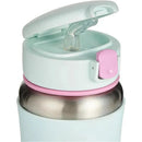 Sparks stainless steel water bottle with a mint green lid and pink accent, featuring a straw for easy drinking.