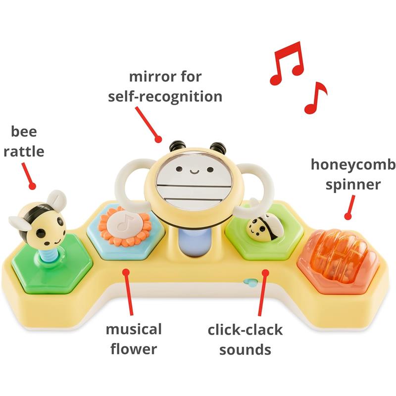 Skip Hop Tummy Time developmental toy features a smiling bee with a mirror, a musical flower, a bee rattle, a honeycomb spinner, and click-clack sounds.