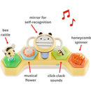 Skip Hop Tummy Time developmental toy features a smiling bee with a mirror, a musical flower, a bee rattle, a honeycomb spinner, and click-clack sounds.