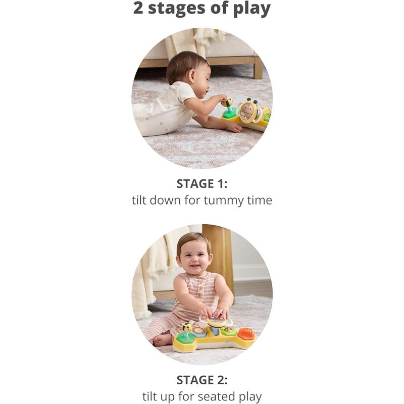 Developmental baby toy features two play stages: tummy time and seated play, with visuals of a baby engaging with it.