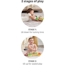 Developmental baby toy features two play stages: tummy time and seated play, with visuals of a baby engaging with it.