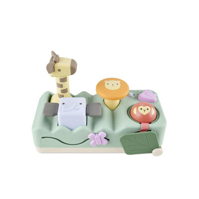 Skip Hop baby toy featuring a giraffe, elephant, lion, and monkey with buttons that activate sounds, lights, and music.