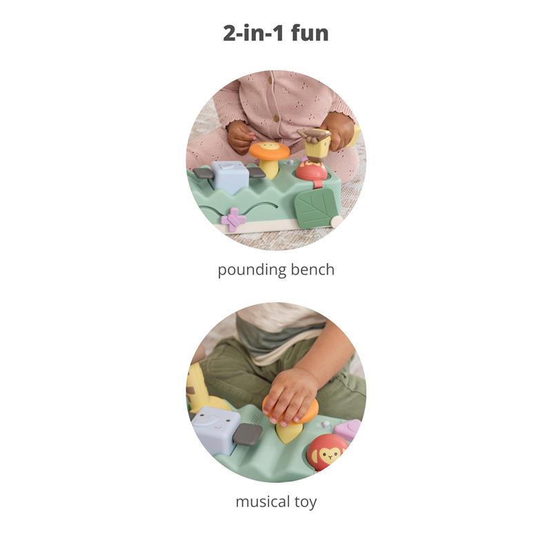 Developmental toy features a pounding bench and musical activity with colorful shapes for babies.