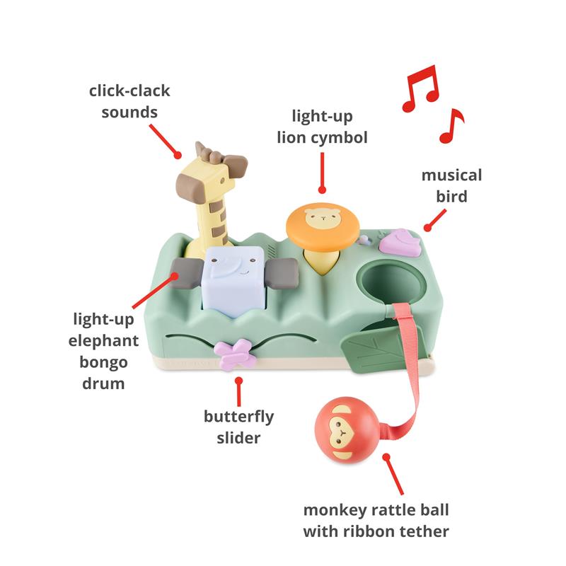 Developmental baby toy featuring lights, sounds, and activities, including a giraffe, elephant drum, and monkey rattle ball.