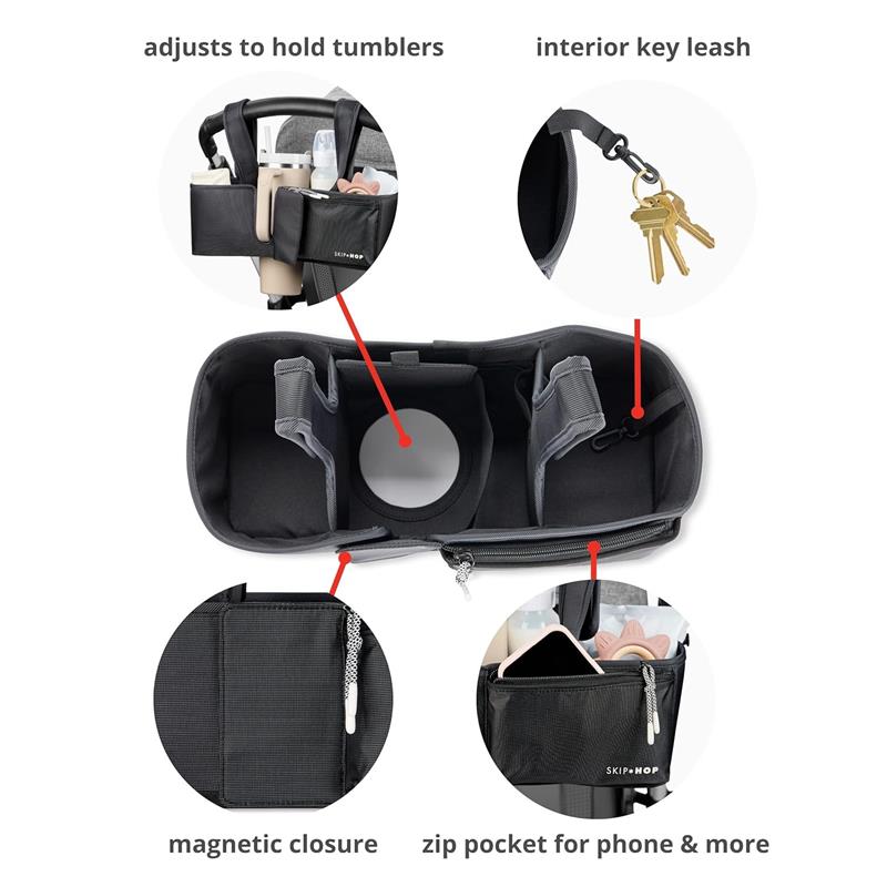 Skip Hop Ultimate Stroller Organizer in Oat with pockets for tumblers, key leash, zip pocket, and magnetic closure.