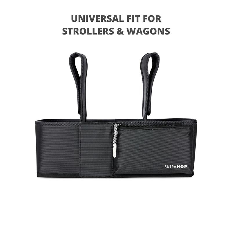 Universal fit stroller organizer by Skip Hop in black, featuring two handles and a zippered front pocket.