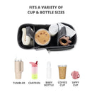 Stroller organizer with compartments for various cup sizes, including a tumbler, canteen, baby bottle, coffee cup, and sippy cup.