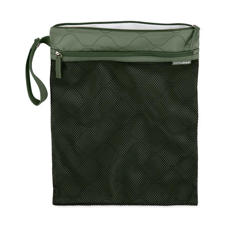 Waterproof wet dry bag in sage green with mesh sides, a zippered top, and a carrying handle.