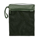 Waterproof wet dry bag in sage green with mesh sides, a zippered top, and a carrying handle.
