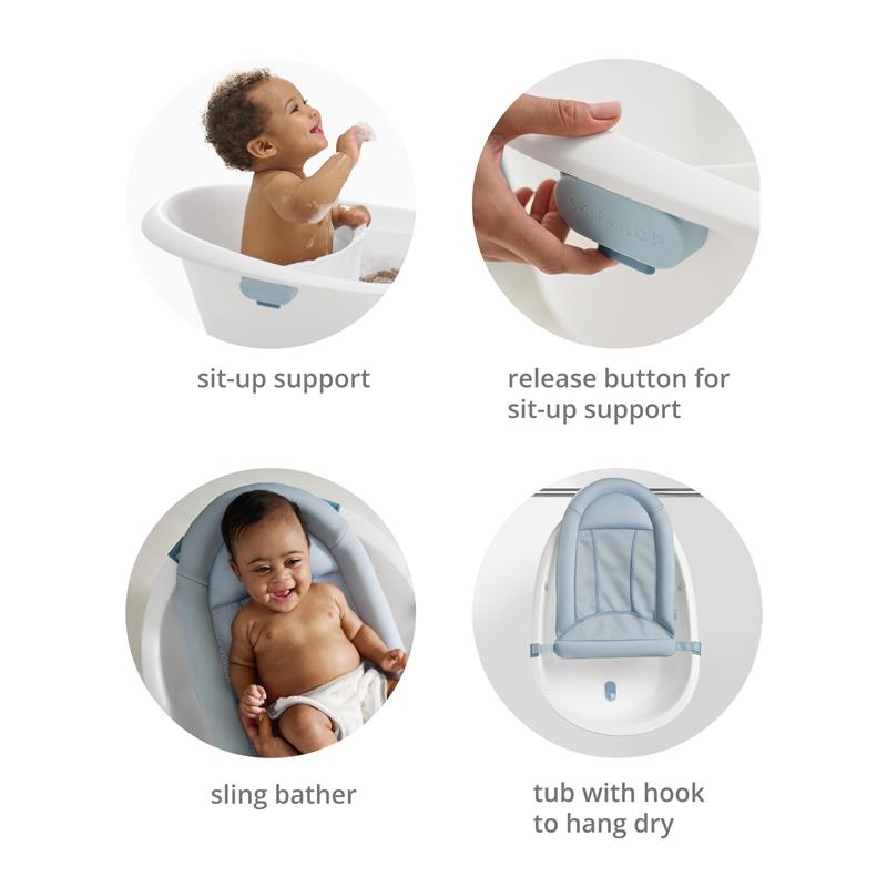 4-in-1 baby bath tub with sit-up support, sling bather, and a drying hook; features release button for adjustable support.