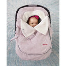 Winter car seat cover in pink heather with a soft, fluffy lining, featuring a baby peeking out, secured inside.