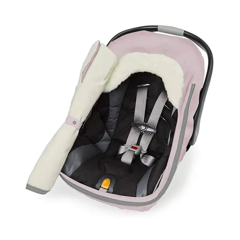 Winter car seat cover in pink heather with a soft, fuzzy interior, designed for infant safety and warmth.