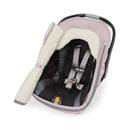 Winter car seat cover in pink heather with a soft, fuzzy interior, designed for infant safety and warmth.