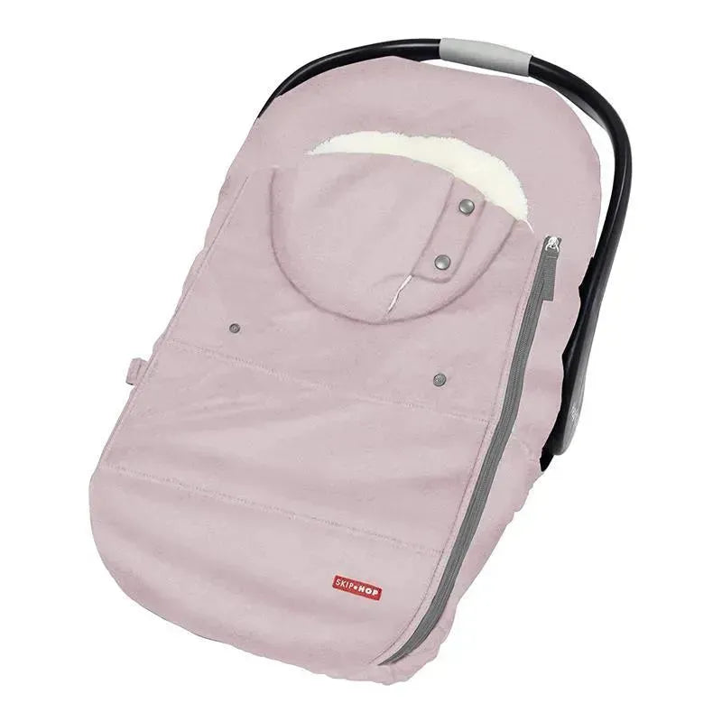 Pink heathered Skip Hop winter car seat cover with a soft interior, zippers, and snaps for secure attachment.