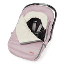 Winter car seat cover in pink heather with cream lining, designed to keep infants warm during cold weather.