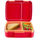 Red Skip Hop ZOO Bento Lunch Box featuring a sandwich, pretzels, raspberries, and carrots in separate compartments.