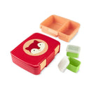 Bento lunch box in red with a fox design, includes two removable inner containers in orange and two small containers in green and white.