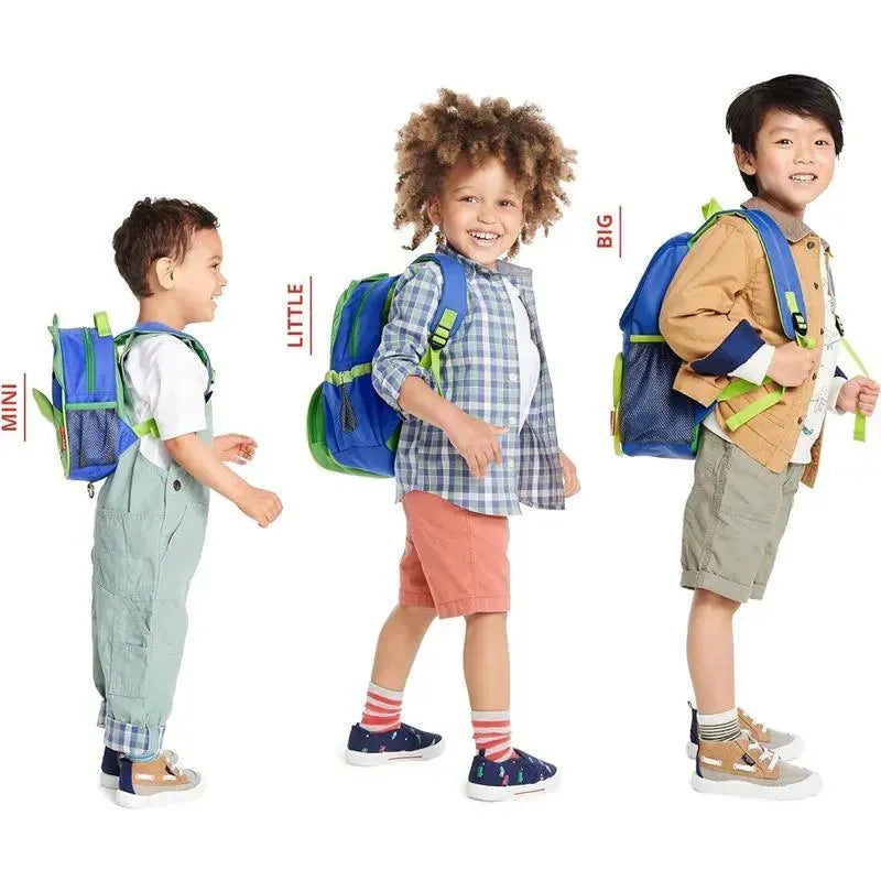 Mini backpacks in three sizes (mini, little, big) modeled by three children, showcasing the Skip Hop Zoo Dino design.