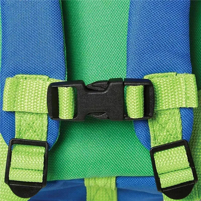 Colorful blue and green straps with a black buckle, part of the Skip Hop Zoo Mini Backpack designed for children.