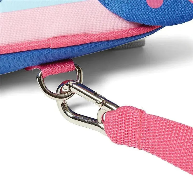 Close-up of the Skip Hop Zoo Mini Backpack in Butterfly design, featuring a pink strap and metal clip attachment.