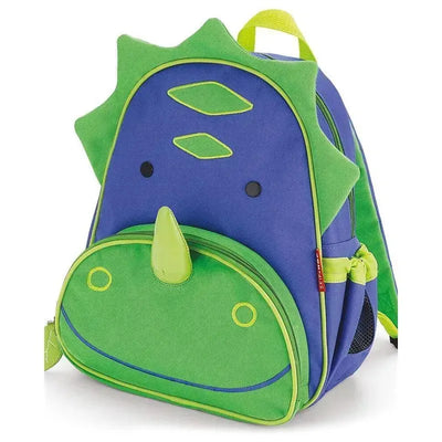 Dinosaur-themed blue and green Skip Hop backpack for kids, featuring a spike design and front zip pocket.
