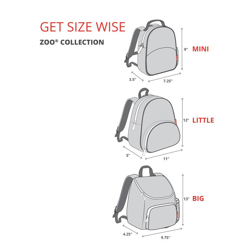 Size guide for Skip Hop Zoo Little Kid Backpack featuring three sizes: Mini, Little, and Big with dimensions displayed.