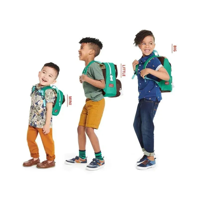 Skip Hop Zoo Little Kid Backpack in Pug design, showcased on three children wearing different sizes: Mini, Little, and Big.