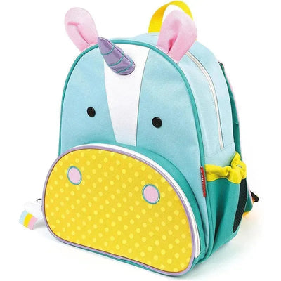 Light blue unicorn-themed backpack with a yellow dotted lower section, pink ears, and purple horn, designed for kids.