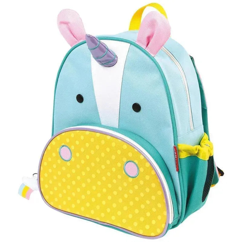 Skip Hop Zoo Little Kid Backpack in unicorn design, featuring a blue body, polka-dot yellow bottom, and playful ears and horn.