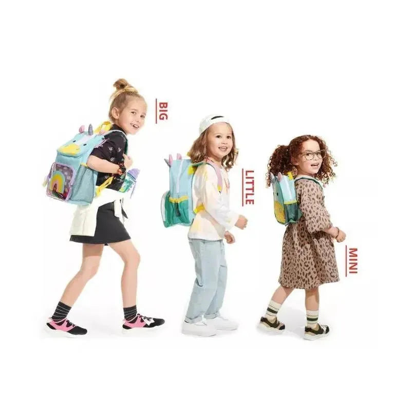 Skip Hop Zoo Unicorn backpacks displayed on three young children, showcasing sizes labeled Big, Little, and Mini.